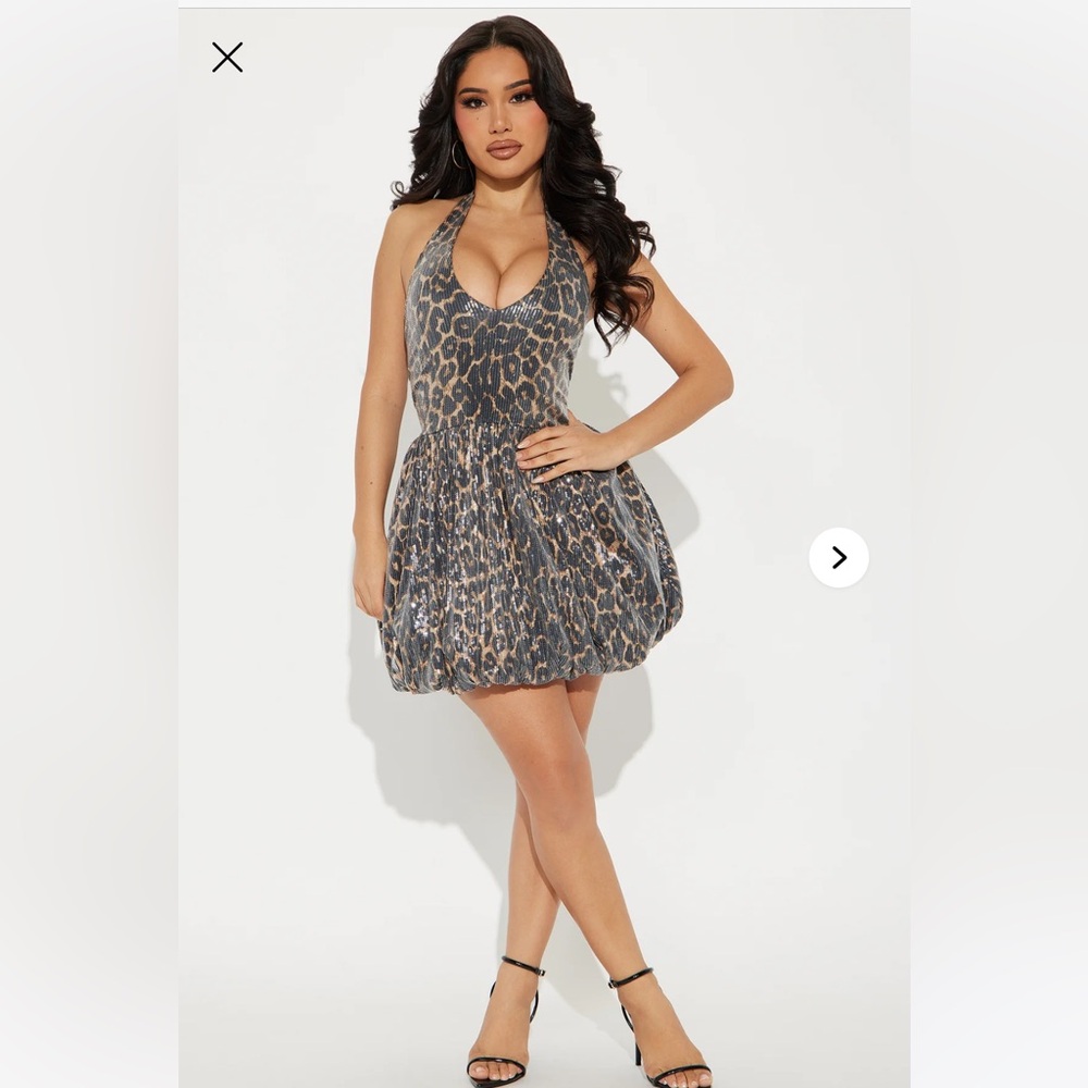Leopard Print Sequin Halter Dress Sz L nwt